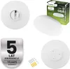 A collage of images showing a white LED ceiling light, its packaging, and mounting hardware, along with a warranty badge. Podgląd zdjęcia produktu