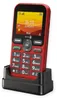 A red Doro Leva L10 mobile phone is shown in its charging dock. Produktbild-Vorschau
