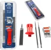 A collection of chainsaw sharpening tools, including files and a guide, presented in retail packaging and as individual items. Podgląd zdjęcia produktu