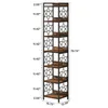 A tall, narrow, 7-tier corner bookshelf with a metal frame and wooden shelves, shown with dimensions indicated by measurement lines and text. Podgląd zdjęcia produktu