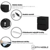 A collage showcasing features of a black nightstand with text descriptions and icons. Náhled obrázku produktu