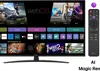 A television screen displaying a webOS interface with various app icons and recommended content, alongside a remote control. Produktbild-Vorschau