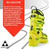 A yellow ski boot with black and neon yellow accents, presented with descriptive text on a red background. Voir les images du produit