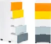 Two views of a white plastic storage cabinet with five drawers of different colors. Produktbild-Vorschau