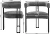 Two views of a dark gray armchair with dimensions indicated by measurement lines and text. Produktbild-Vorschau