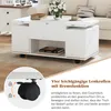 A white coffee table with storage compartments and wheels, shown in a living room setting with a couch and a side table. A close-up of the wheel with locking mechanism is also shown, along with descriptive text. Anteprima dell’immagine prodotto