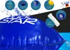 A close-up of a blue inflatable pool cushion with white text and several circular icons detailing product features. Produktbild-Vorschau