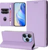 A collage of images showing a purple leather wallet-style phone case for a Blackview Shark 9 5G, displaying its card slots, stand function, and camera cutout. Produktbild-Vorschau