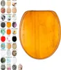 A collage of different toilet seat designs next to a large image of a wooden toilet seat. Produktbild-Vorschau