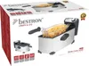 The image shows the packaging of a Bestron deep fryer. The box displays images of the product, its features, and specifications. The main image on the box is a clear depiction of the deep fryer filled with French fries, with a smaller inset image of the fr Produktbild-Vorschau