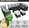 A polyrattan garden seating group with a table and stools, shown with a child in the foreground and feature icons at the bottom. Produktbild-Vorschau