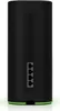 The back of a black cylindrical router with four Ethernet ports and ventilation holes. Produktbild-Vorschau