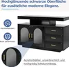 A black sideboard with gold handles, featuring arched glass doors and three drawers. Text overlays highlight product features. Náhled obrázku produktu