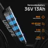 Close-up of an electric bicycle battery pack with feature callouts. Produktbild-Vorschau