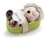 A plush hedgehog toy sleeping in a green basket, with a tag attached. Produktbild-Vorschau