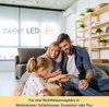 A family is sitting on the floor in a modern living room, with the text "sweet LED" and a logo visible. Produktbild-Vorschau
