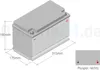 A diagram of a car battery with dimensions and polarity indicators. Produktbild-Vorschau