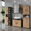 A modern bathroom vanity set with storage cabinets and a sink, set against a tiled wall. Produktbild-Vorschau