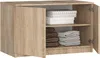 A light brown cabinet with two doors open, revealing shelves with folded towels and boxes. Náhľad obrázku produktu