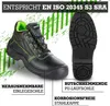 A black safety shoe with green stitching and lining, shown from the side and with a separate image of its sole. Text overlays describe features and certifications. Produktbild-Vorschau