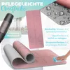 A collage of images showcasing a pink yoga mat and its features, including water droplets and a cleaning cloth. Produktbild-Vorschau