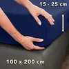 Hands are shown adjusting a dark blue fitted sheet on a mattress. Produktbild-Vorschau