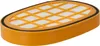 A close-up, angled view of an orange and white vacuum cleaner filter against a white background. Produktbild-Vorschau
