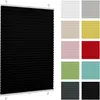 A black pleated blind is shown prominently on the left, with a grid of smaller swatches of different colored pleated blinds on the right, showcasing various color options. Produktbild-Vorschau