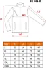 A diagram of a jacket with measurements labeled, followed by a size chart. Produktbild-Vorschau