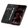 A black flip-style phone case with card slots and a phone inside showing a lock screen. Produktbild-Vorschau