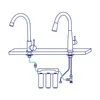 Diagram showing the installation of a water filter system connected to two kitchen faucets. Produktbild-Vorschau