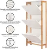 A white shoe cabinet with wooden frame, featuring open doors and informational callouts. Produktbild-Vorschau