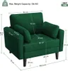 A green armchair with dimensions and weight capacity indicated by text and lines. Produktbild-Vorschau