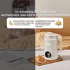 A split image showing a person in bed on the left and a soy milk maker with a croissant on a tray on the right. Text overlays describe a 12-hour reservation feature. Produktbild-Vorschau