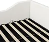 A close-up view of the slatted base of a white upholstered bed frame. Anteprima dell’immagine prodotto