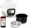 A smart connected multi-cooker with its accessories and a smartphone displaying recipes. Voir les images du produit