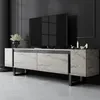 A modern TV stand with a television on top, set against a dark wall. Produktbild-Vorschau