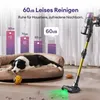 A cordless vacuum cleaner is shown next to a dog resting on its bed. There are graphical elements indicating noise levels for different appliances. Produktbild-Vorschau