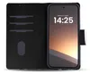 A black flip-style phone case is open, displaying a smartphone with a lock screen. Produktbild-Vorschau