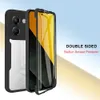 A black phone case with a built-in screen protector is shown, with a yellow and black abstract background. Produktbild-Vorschau