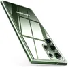 A transparent phone case with a green tint, showing the Samsung logo and the camera array of a smartphone. Produktbild-Vorschau