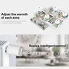 A split image showing a diagram of a house with smart thermostats and a close-up of a smart thermostat on a radiator. Produktbild-Vorschau