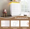 A white dresser with a wooden top and LED lighting, shown in a room setting with a stool and decorative boxes. Below the main image are three smaller images highlighting product features. Náhled obrázku produktu