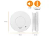 A white smoke detector is shown from the front and side, with dimensions and feature icons. Produktbild-Vorschau