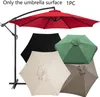 A collage of umbrella surfaces in different colors, with one umbrella frame visible. Produktbild-Vorschau