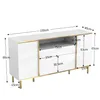 A white sideboard with gold accents and dimensions indicated by measurement lines and text. Produktbild-Vorschau