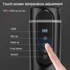 A close-up of a black portable electric kettle with a digital display and touch controls, with a finger interacting with the controls. Podgląd zdjęcia produktu