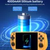 A handheld gaming console with a battery graphic and text describing its battery life and charging time. Produktbild-Vorschau