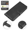 A black leather flip case for a smartphone, shown from a slightly elevated angle, with close-up insets of the closure mechanism. Produktbild-Vorschau