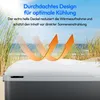 A cooler box on a beach with text and arrows indicating cooling. Produktbild-Vorschau